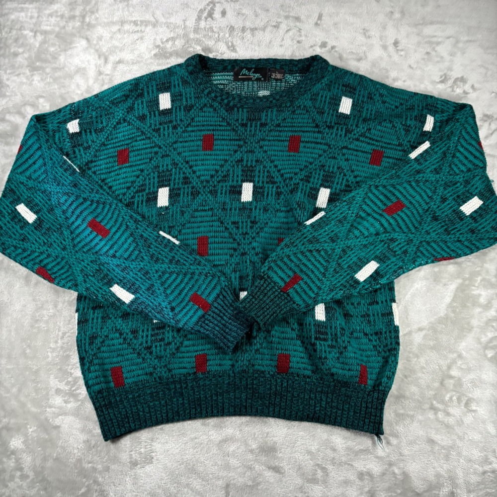 Melange Vintage Mens Teal Green Geometric Diamond Knit Acrylic Sweater Large